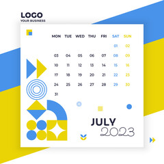July month, advertising, print, poster in blue and yellow colors, geometric calendar 2023