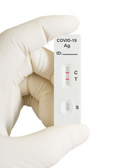 Rapid antigen test kit with positive result during swab COVID 19 testing. PNG file with transparent...