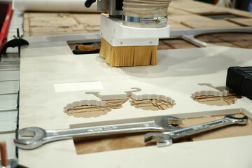 cuting off plastic material. CNC cutter machine High Efficiency in action, Machine working CNC.	