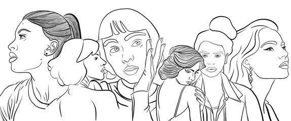 Illustration d’une diversité féminine. Cette fresque de visage  aux ethnies différentes représente la solidarité féminine pour la journée internationale de la femme. Dessin réaliste et minimaliste png