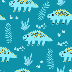 Cute seamless pattern with dinosaur and abstract design elements.prehistoric illustration for kids fashion,textile,cloth,dino character and tropical leaves in doodle style on blue background