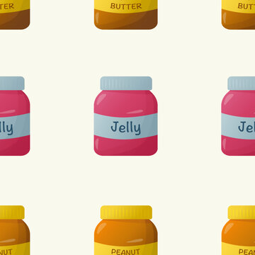 Seamless pattern with peanut butter jars and jelly jars on light background. Flat style