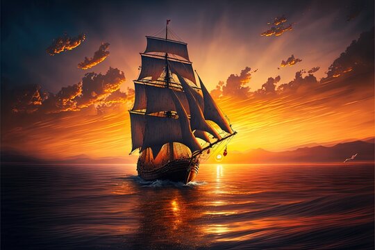 a painting of a sailing ship in the ocean at sunset with a beautiful sky and clouds in the background.