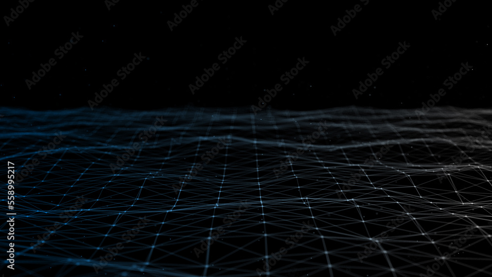 Poster Futuristic wave with lines and dots. Abstract background with a dynamic wave. Particle placement with hanging dots in space. Large data background. 3d rendering.