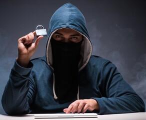Computer hacker working in dark room