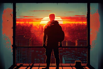 A man looks at the sunset standing on the roof