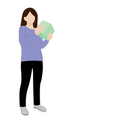 Portrait of a girl in full growth with a small box in her hands, flat vector, isolate on white, faceless illustration, delivery, minimalism