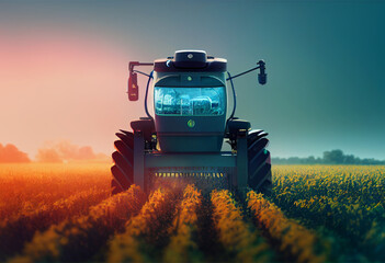 Vision for future of agriculture. Autonomous tractor works in field. Field processing with help of high-tech technology..