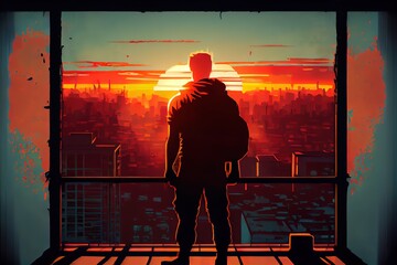 A man looks at the sunset standing on the roof
