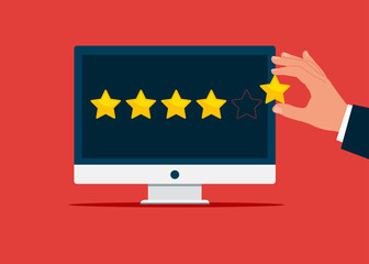 Business hand give five star rating. Positive feedback concept.  Vector illustration