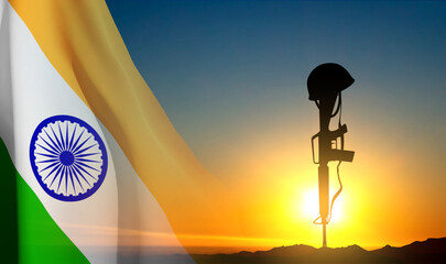 Silhouette of Amar Jawan Jyoti with India flag on the sunset. EPS10 vector