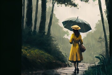 A girl with an umbrella stands in the forest