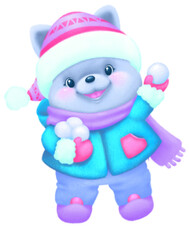 A cute happy puppy is playing snow fight with the snowball. Digital drawing, illustration.