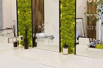 Minimalist bathroom with large mirror moss