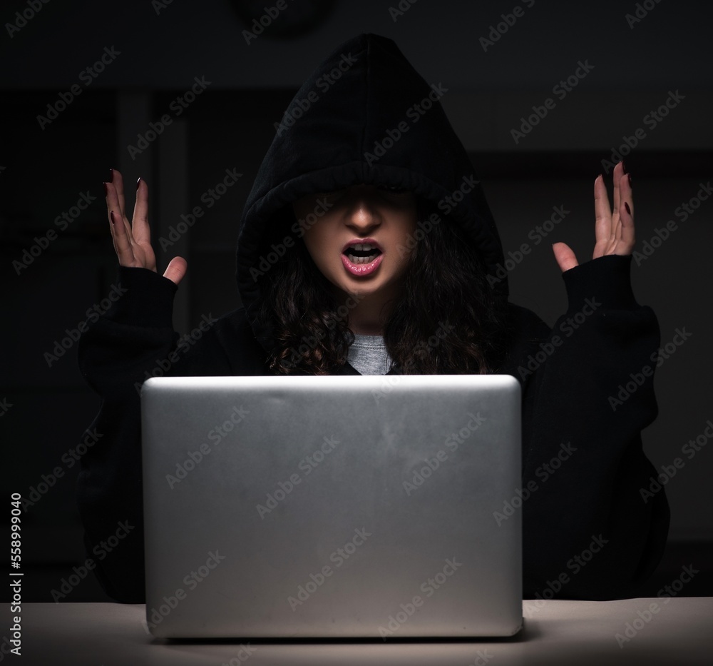 Poster female hacker hacking security firewall late in office