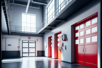 Fire department apparatus bay, garage. Generative AI