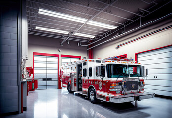Fire department apparatus bay, garage, fire engine. Generative AI