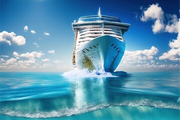 a large cruise ship in the middle of the ocean with a blue sky and clouds above it and a wave coming in from the water below it. - obrazy, fototapety, plakaty