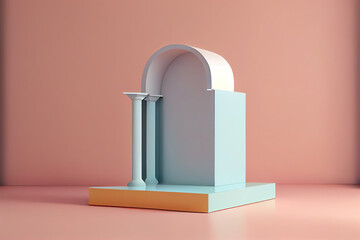 Empty podium or pedestal display stand on pastel background. Empty Pastel colored product shelf standing backdrop. Generative AI.