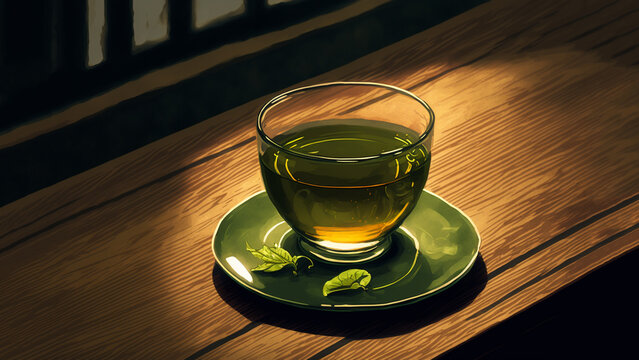 Fresh Glass of Green Tea in tea glass on a wooden table, tea saucer, infusion tea, dark background, focus on drink, tea leaves, tea flowers, brewing tea, cinematic lighting	