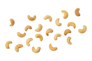 cashew nuts close-up scattered on white background, heap of roasted nuts isolated, snack food...