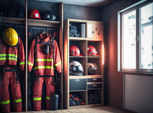 Fire station uniforms and equipment. Generative AI