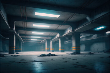 Empty parking garage basement with fluorescent lights. Architecture background copy space.  Generative ai