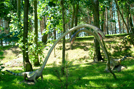ROGOWO, POLAND - JULY 26, 2007: Dinosaur Tanystroph, Tanystropheus longobardicus in jurassic park, dinosaur series in Zaurolandia dinosaur park