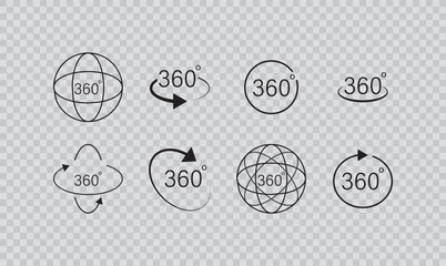 360 degrees vector icon set. Round signs with arrows rotation to 360 degrees. Rotate symbol isolated on transparent background. Vector illustration. 