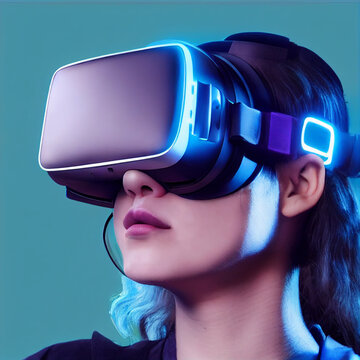 Woman wearing virtual reality vr headset portrait
