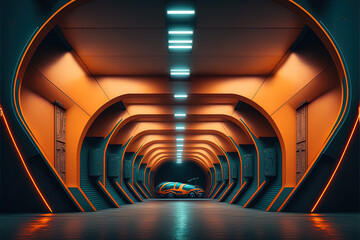 Underground futuristic tunnel with florescent lights. Teal and orange color scheme. Underground station metro urban environment futuristic sci-fi architecture background. Generative ai