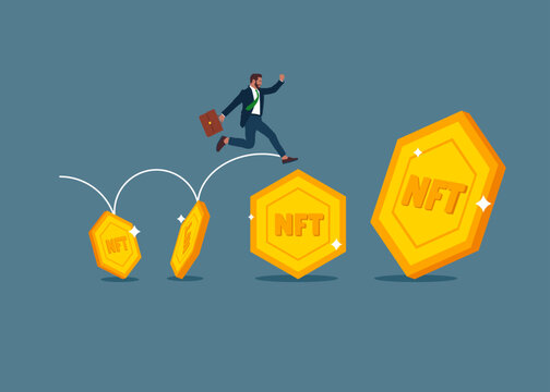 Businessman running on gold NFT Token arranged in a row. Extensive financial or economic growth. Profit from the stock market or investment. Flat vector illustration.