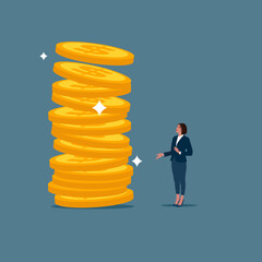 The huge coins falls near businesswoman.  Flat vector illustration