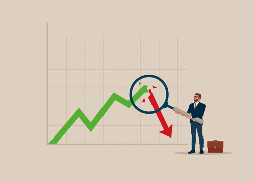 Businessman uses magnifying glass to break red graph arrows. Economic recession, profit and loss, business and finance, crisis. Flat vector illustration.