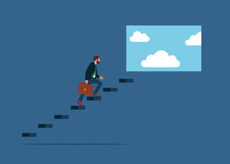 Businessman climbing ladder to the door with blue sky, freedom and success concept. Flat modern vector illustration.