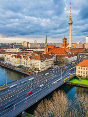 Berlin TV tower and historic buildings on Spree canal, Germany