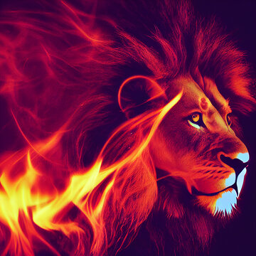 Lion with mane made of fire, creative illustration