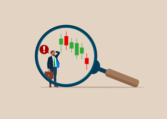 Investors use magnifying glasses to analyze investment charts. Stock market technical analysis. Flat vector illustatation.