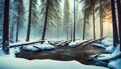 Majestic winter landscape painting featuring felled trees, snowy branches, and a peaceful atmosphere. Generative AI