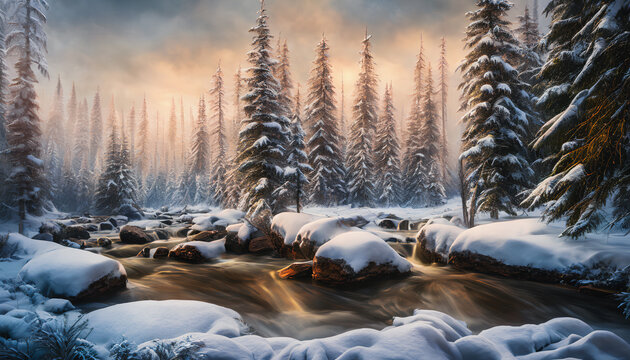 Majestic winter landscape painting featuring felled trees, snowy branches, and a peaceful atmosphere. Generative AI