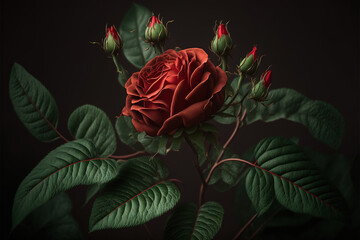 Photography of Red Rose Plant  moody 8k hype realistic. Copy space background, valentines flowers background. Generative ai