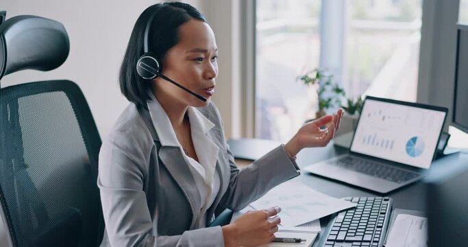 Call center, woman and happy crm or customer support consultant talking, networking and making sales at her telemarketing desk. Contact us female consulting on headphones while working in office