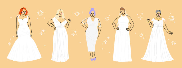 Set of big chubby brides with pretty plus-size bodies. Diverse plump female beauties with fat curvy figures. Modern bridal look. Women standing in white wedding dress.Vector illustration