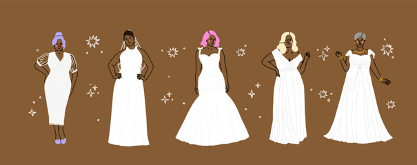 Set of black big chubby brides with pretty plus-size bodies. Diverse plump female beauties with fat curvy figures. Modern bridal look. Women standing in white wedding dress.Vector illustration