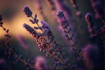 Purple lavender flowers with Light leaks and blurred nature background with copy space. lavender in the spring morning. Generative ai	
