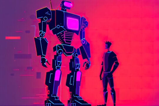 A small man stands in front of a giant guardian robot