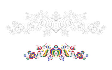 Traditional folk ornament. Floral embroidery Czech pattern. Coloring pages with a colour template. Moravian, Slovak and Hungarian symbol. Vector illustration