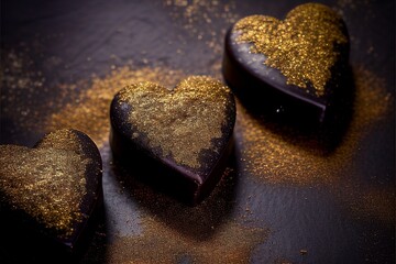 Valentine Dark chocolate hearts dusted with edible gold glitter, landscape, background texture, generated ai art