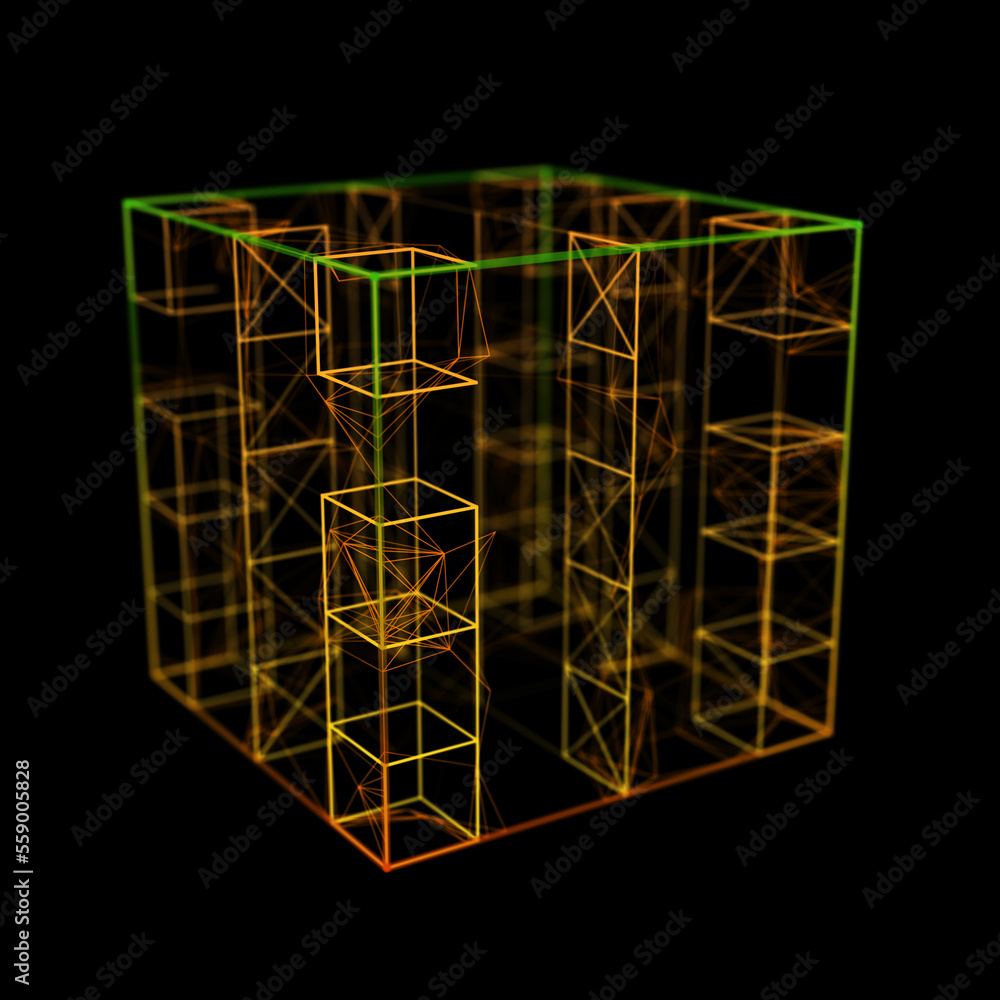 Poster abstract box from lines in the style shape. mesh square with structured particles, frame of mining f