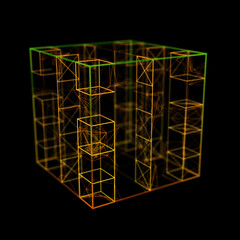 Abstract box from lines in the style shape. Mesh square with structured particles, frame of mining farm. Digital futuristic technology of network connection. 3d rendering.